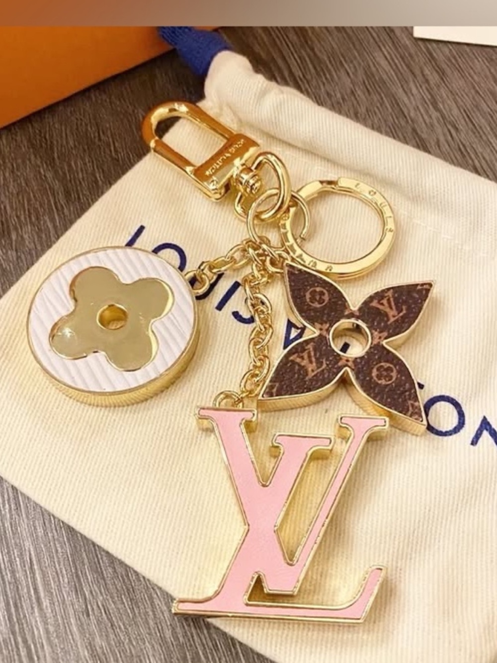 Louis Vuitton Pink Enamel LV Logo & Brown Monogram Flower Key Charm